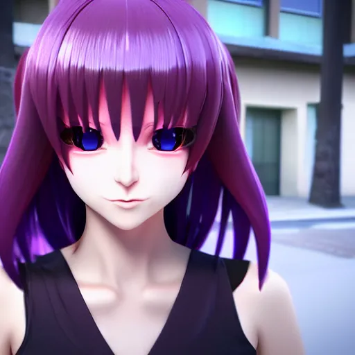 Image similar to a very evil looking 3d anime girl on the street, unreal engine 5 4k render, hazler eyes, evil smile, incredibly high detailed, studio quality, trending on artstation, medium shot, long purple hair