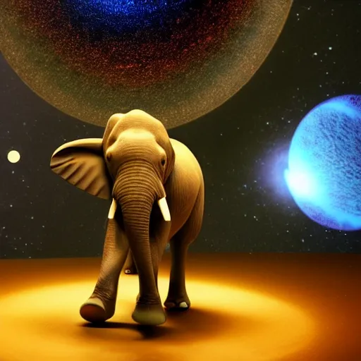 Image similar to a hyperrealistic 3D octane render of an elephant playing piano in a planetarium with planets and galaxies, trending on artstation, 8k, 4K, dramatic lighting, glowing, volumetric lighting, ray tracing, unreal engine