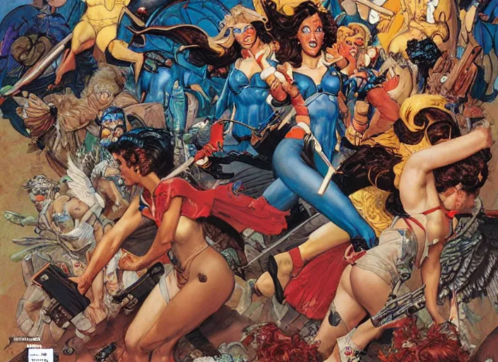 Image similar to harpies attack, dynamic action, by norman rockwell and jesper ejsing and jason fabok and tom lovell and frank schoonover and jack kirby