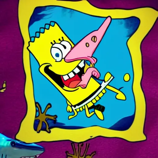 Image similar to spongebob riding a shark under the sea