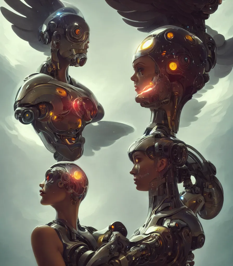 Prompt: a beautiful painting a portrait of cyborg angel, symetrical scene, symetric character, single character, trending in artstation, octane render, 8 k, by peter mohrbacher, zaha hadi