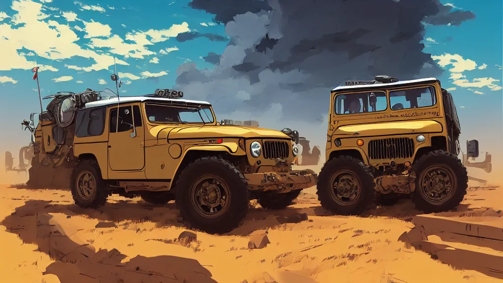 Image similar to digital illustration of mad max's fj 4 0 pursuit special, the last v 8 interceptor driving down to the gates of valhalla highway in the middle of the day, anime style, year 2 0 9 3, by makoto shinkai, ilya kuvshinov, lois van baarle, rossdraws, basquiat, studio ghibli