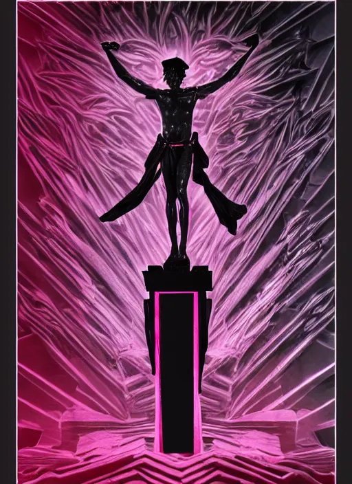 Prompt: elegant dark design poster showing a beautiful greco roman statue of hermes, black background with very subtle red and purple design elements, bold, powerful, nekro, vito acconci, thin straight purple lines, dark, glitch art, neo vaporwave, gritty, layout frame, square, trending on artstation