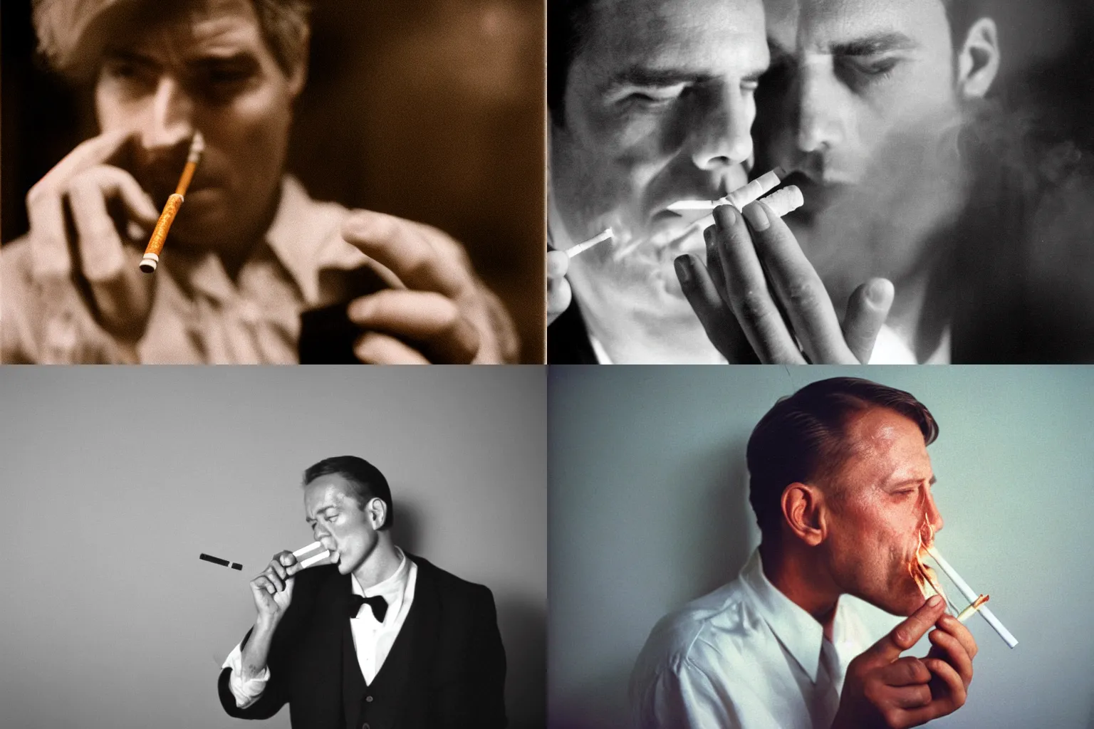 Prompt: a man smoking a pirouline wafer roll like it's a cigarette, film still, dramatic lighting,