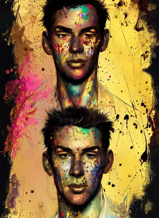 Prompt: handsome face, made of porcellaine, golden tears, dramatic lighting, maximalist pastel color palette, splatter paint, pixar and disney concept, graphic novel by fiona staples and dustin nguyen, peter elson alan bean wangechi mutu, clean cel shaded vector art, on artstation