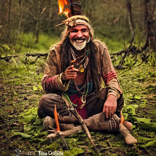 Prompt: hippie tribal hobo witch doctor wearing twigs and leaves smiling sheepishly, campfire, bong, water pipe, highly detailed, dramatic lighting, night time, cinematic, hyperrealistic, detailed, movie still from game of thrones