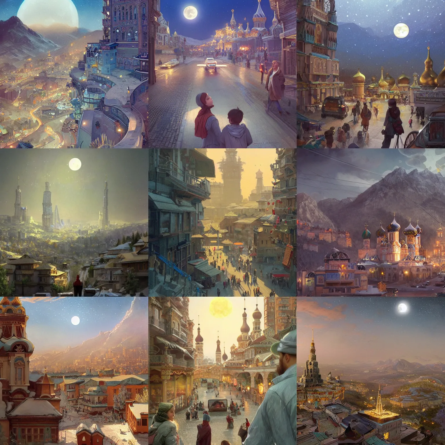 Prompt: a russian city in the mountains, a view from the eyes on the street, a wonderful future, retrofuturism, arabic architecture, a crowd of adults and children, holiday, joy, stars, moon night. highly detailed, digital painting, artstation, concept art, matte, sharp focus, illustration, art by artgerm and greg rutkowski and alphonse mucha