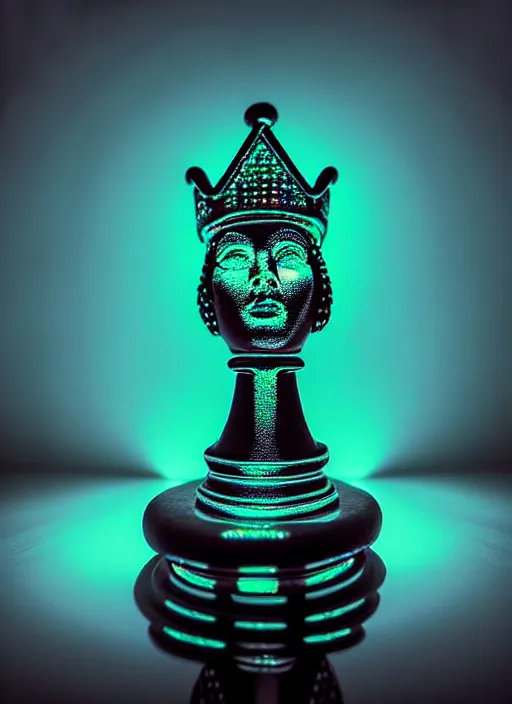 Image similar to queen chess piece photo, beautiful veil of led point lights, pearlescent skin, skin made of led point lights, very detailed, highly detailed background, reflective chessboard, photorealism, sharp focus, photorealism,sculpture , isometric view, soft diffuse autumn lights, some sunlight ray, dark room wall, canon 5D 50 mm lens