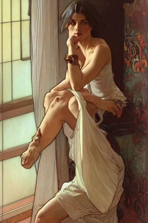 Prompt: full body portrait of a single beautiful young fit woman, modern haircut, fashionable, bare feet, by greg rutkowski and alphonse mucha, d & d character, in front of a modern room background, highly detailed portrait, digital painting, artstation, concept art, smooth, sharp focus illustration, artstation hq
