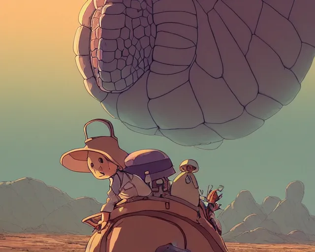 Image similar to a cell shaded cartoon giant turtle from howl's moving castle ( 2 0 0 4 ), on a desert road, illustration, wide shot, subtle colors, post grunge, concept art by josan gonzales and wlop, by james jean, victo ngai, highly detailed, sharp focus, trending on artstation, hq, deviantart, art by artgem