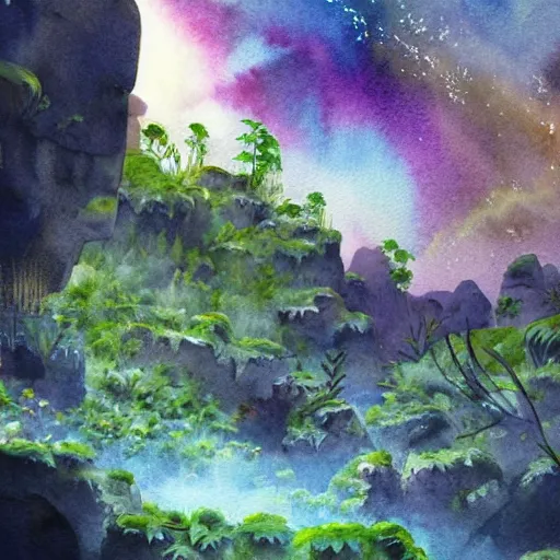 Image similar to beautiful lush natural scene on another planets cliffs, with interesting creatures. different than earth but beautiful. lightfall. beautiful detailed artistic watercolor. trending on artstation and deviantart.