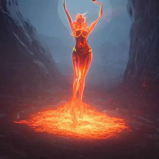 Prompt: Stunning giant goddess made of fire looking down on human mortals, artstation, 4k detailed