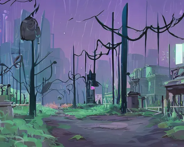 Prompt: the abandoned streets of the overgrown city in the style of decopunk/crystalpunk