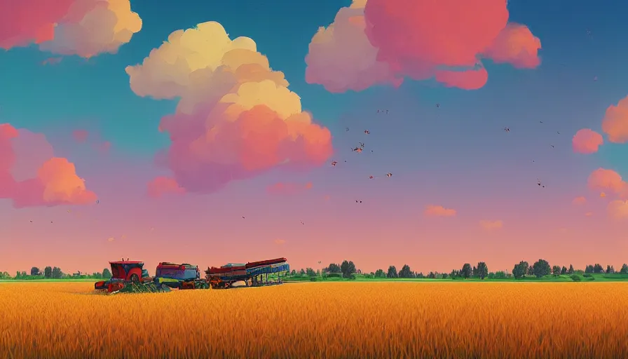 Image similar to colourful sky, wheat field, distant combine harvesters, big trees, matte painting, art station, digital art, simon stalenhag