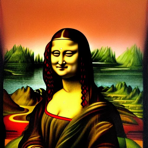 Prompt: an indian woman's painting in the style of mona lisa by leonardo da vinci