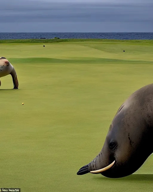 Image similar to A large adult male Elephant seal rearing up, blocking a golfer from the hole on a golf course green, photographed in the style of National Geographic photographer Paul Nicklen, Hyperreal