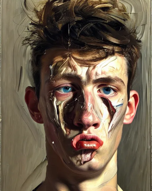 Image similar to a close up portrait a very ordinary young man with an angry expression, high angle, facing front, looking down, by Lucian Freud and Jenny Saville, oil painting, anatomically correct, beautiful perfect face, visible brushstrokes, sharp focus, Highly Detailed, Cinematic Lighting, 8k, HD