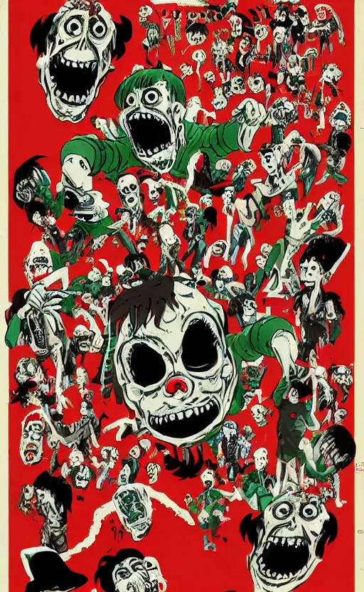 Image similar to cursed with necronomicon horrorcore cel animation poster depicting gory waldo eating the deceased power puff girls, intricate faces, metropolis, 1 9 5 0 s movie poster, post - processing, vector art