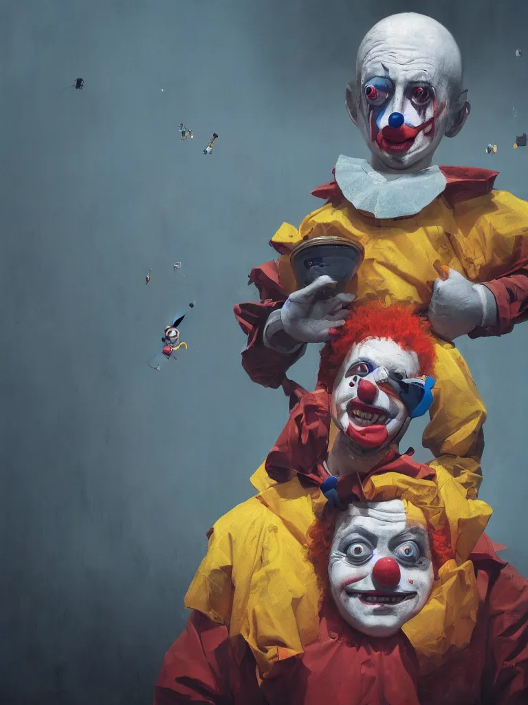 Prompt: a portrait of an helpless clown in a painting from stalenhag, 4 k, 8 k, hdr, artstation, concept art