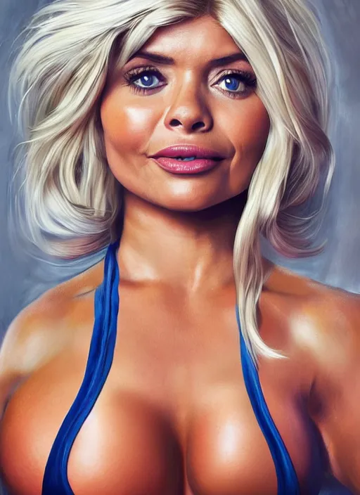 Image similar to holly Willoughby with the physique of a body builder, hyper realistic, ultra detailed, cinematic, dynamic lighting, photorealistic, refined, intricate, digital art, digital painting, masterpiece, 8k