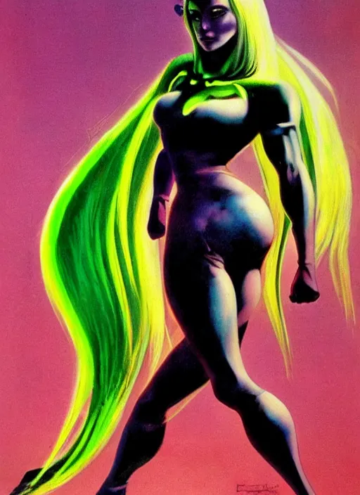 Image similar to female evil android, neon hair, glowing skin, strong line, saturated color, beautiful! coherent! by frank frazetta, high contrast, minimalism