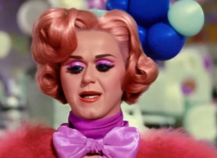Prompt: a film still closeup of candy katy perry in willy wonka and the chocolate factory ( 1 9 7 3 )