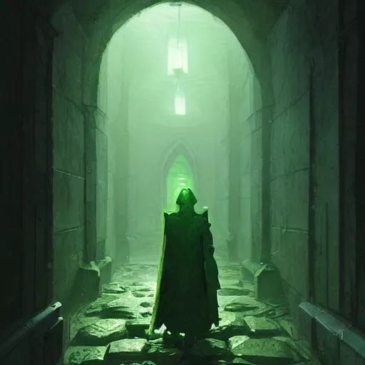 Prompt: dark stone hallway with green goo in the corners as an adventurer with a torch walks through, by greg rutkowski