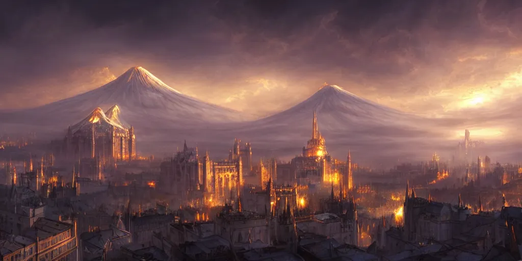 Image similar to beautiful gold fantasy city made from white stone and bright copper built on a volcano, gondor, misty, red sky, medieval city, metropolis, magic, gorgeous clouds, white marble, god rays, digital art, landscape, fantasy art, octane render, ureal engine, high detail, very realistic, by greg rutkowski. by james gurney