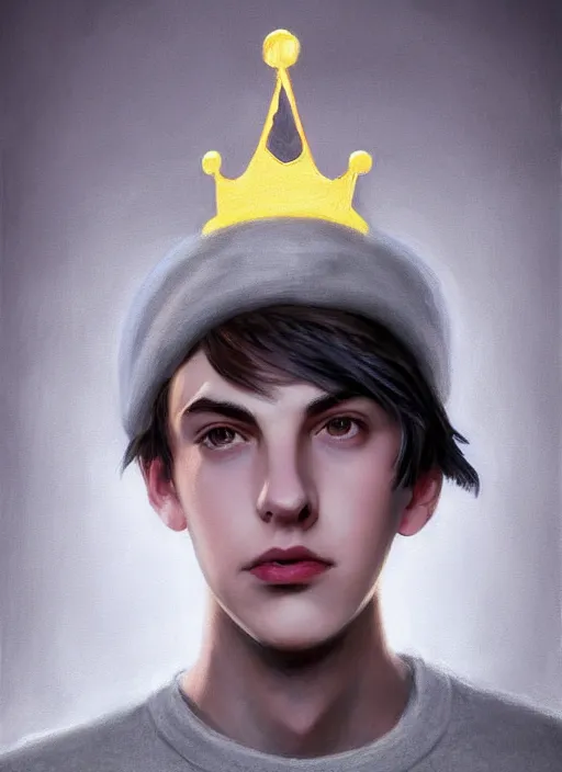 Image similar to portrait of teenage jughead jones wearing a light grey crown, photorealistic, crown, sweater with letter s on it, hamburger, eyes closed, crown, black hair, intricate, elegant, glowing lights, highly detailed, digital painting, artstation, concept art, smooth, sharp focus, illustration, art by wlop, mars ravelo and greg rutkowski