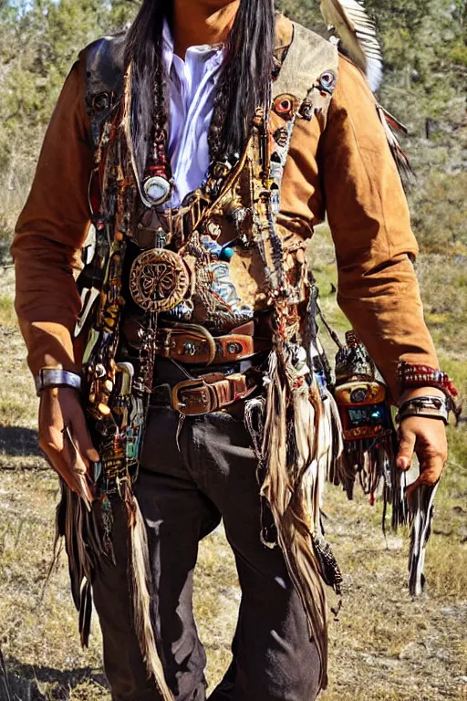 Prompt: thin native American Indian man in his early 30s, wearing cargo buckskin jacket buckskin tactical toolbelt pockets bandolier full of trinket and baubles, steampunk arcane shaman, deadlands, weird west