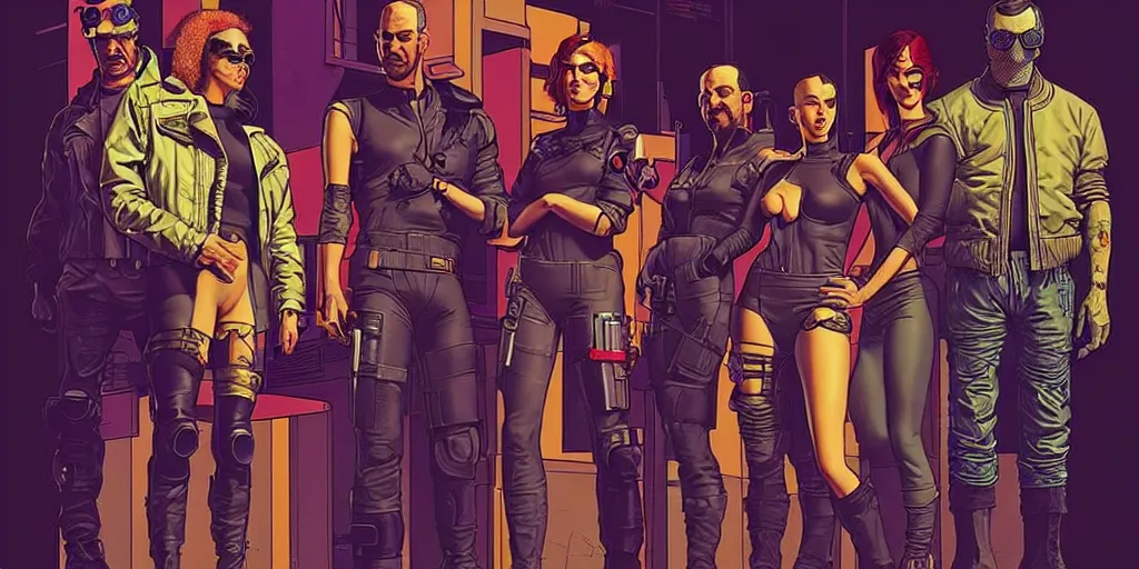 Image similar to cyberpunk heist crew. portrait by stonehouse and mœbius and will eisner and gil elvgren and pixar. character design. realistic proportions. dystopian. cyberpunk 2 0 7 7 character art, blade runner 2 0 4 9 concept art. cel shading. attractive face. thick lines. the team. detailed interesting characters.