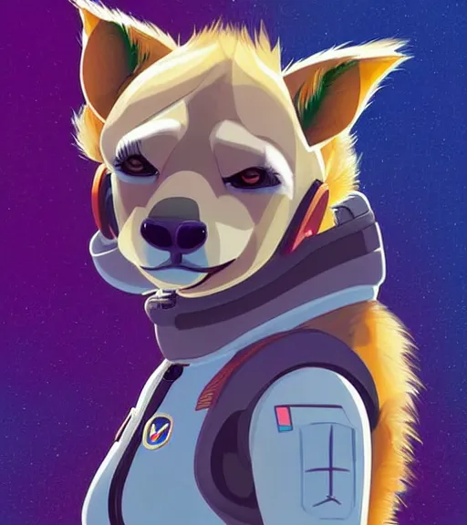 Prompt: full body digital artwork of furry female hyena, in style of zootopia, fursona, furry, furaffinity, deviantart, wearing astronaut outfit, floating in space, cyberpunk, detailed face, style of artgerm,