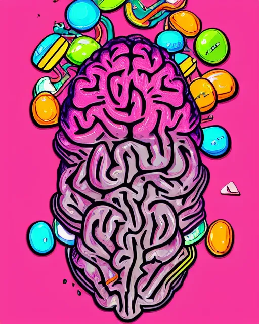 Prompt: awesome logo of a brain and mushroom and pills with dank techno. synthwave colours. in the style of spirited away, hyperrealism, lush detail, award winning, trending on behance