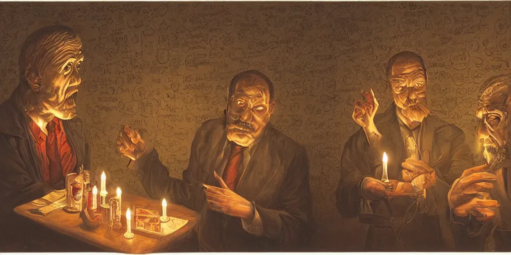 Image similar to two men arguing about neural networks in small room lighted by candles. highly detailed art by trevor brown