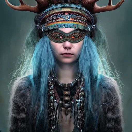 Prompt: A young female shaman, blue hair and antlers on her head. blindfolded, heilung, in the style of Heather Theurer, headshot photoshoot, insanely detailed and intricate, beautiful, elegant, cinematic toplight, portrait, headroom, artstation, karol bak