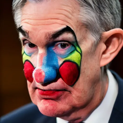 Image similar to Jerome Powell with colorful clown makeup all over his face