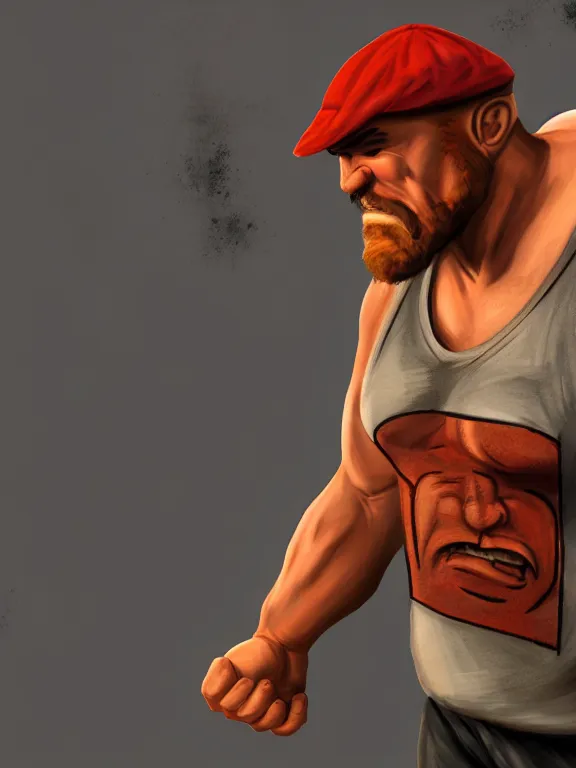 Prompt: strong man wearing a tanktop!!!! and a flat cap, by comic book artist eric powell, hand drawn, comic book, gritty, trending on artstation, ultra high detail, focused, unreal engine 5, octane render, glow
