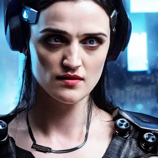 Image similar to Katie McGrath as Cyberpunk Morgana