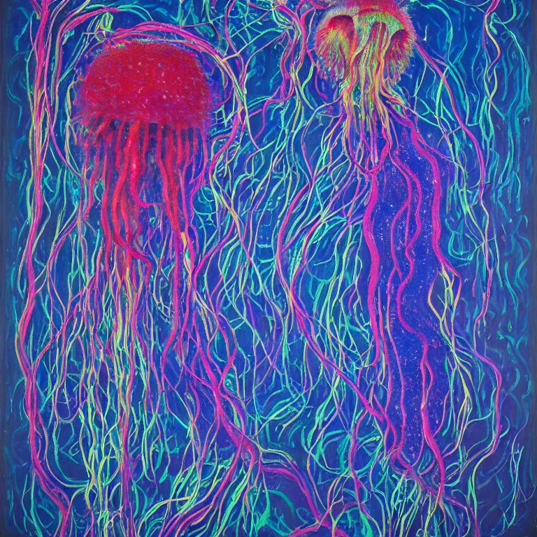 Prompt: Hyperrealistic intensely colored studio Photograph portrait of a deep sea psychedelic bioluminescent jellyfish deep underwater in darkness long exposure, award-winning nature deep sea expressionistic impasto heavy brushstrokes oil painting by Fabian Marcaccio and Jean Dubuffet and Audubon vivid colors hyperrealism 8k