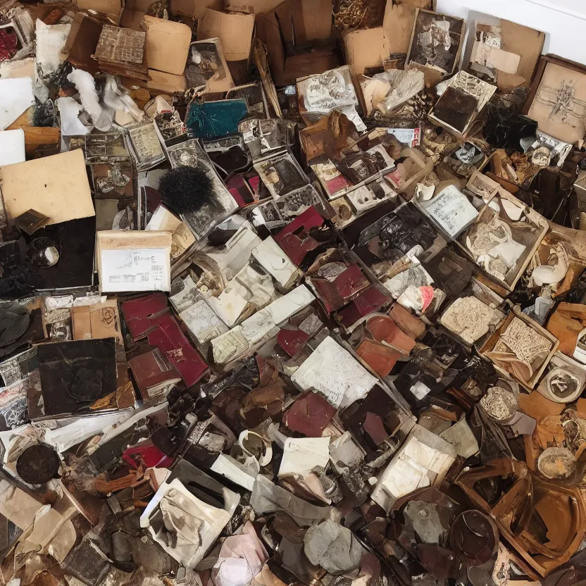 Prompt: a box of rare and valuable objects, various sizes, indoors, photograph