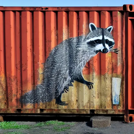 Image similar to raccoon graffiti on rusty green shipping container,