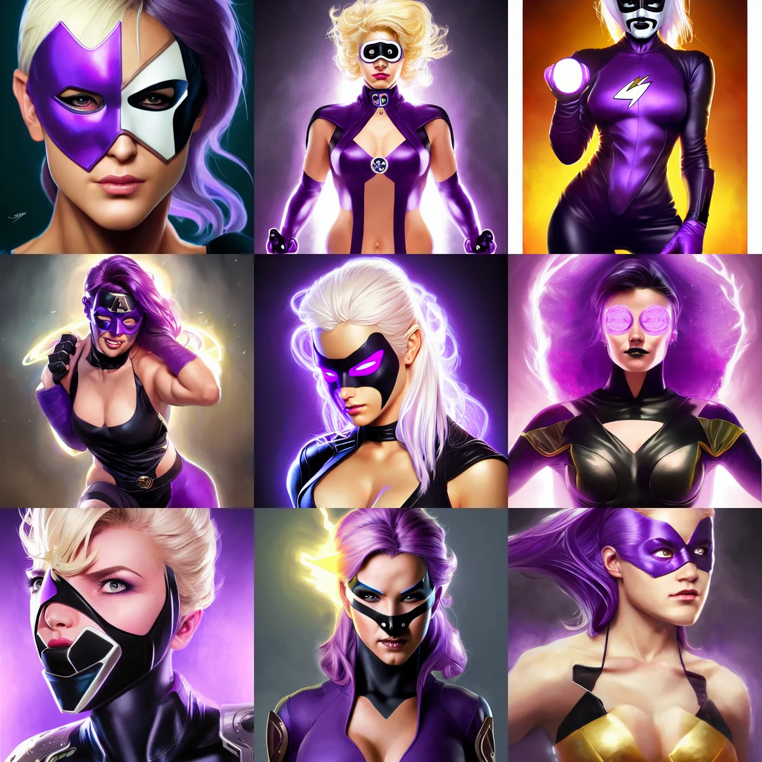 Prompt: character concept portrait, head-on centralized, super-hero girl, domino mask, blond, black and violet costume, aura of power. Detailed, high quality, dynamic lightning, fantasy. Artwork by Artgerm, WLOP, Alex Ross, Greg Rutknowski, Alphonse Mucha