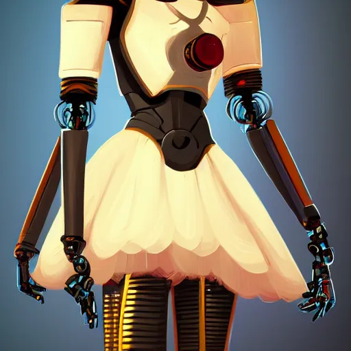 Image similar to a robot wearing a princess dress, striped thigh high, full body shot, highly detailed, digital painting, artstation, concept art, smooth, sharp focus, illustration