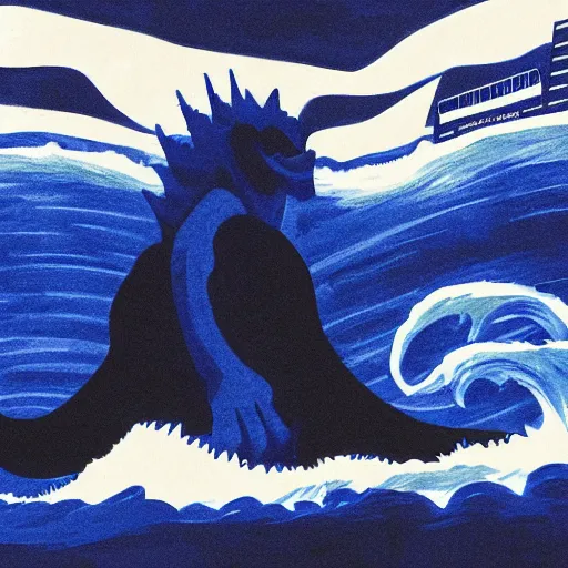 Image similar to a blue water wave in the silhouette shape of Godzilla, cartoon drawing