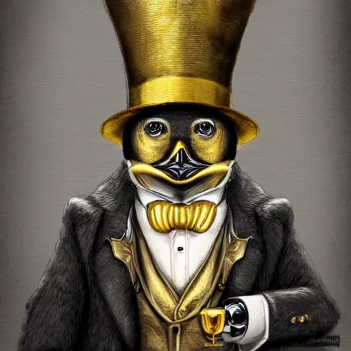 Image similar to anthropomorphized rich penguin capitalist sitting on pile of gold, wearing fancy top hat, concept art, insanely detailed and intricate, hypermaximalist, elegant, ornate, hyper realistic, super detailed, art deco, cinematic, trending on artstation, magic the gathering artwork