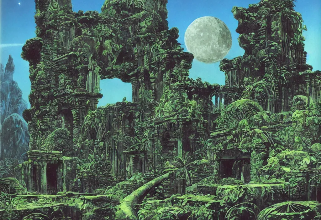 Image similar to a tropical alien world, ancient ruins, by roger dean, david a. hardy, syd dutton