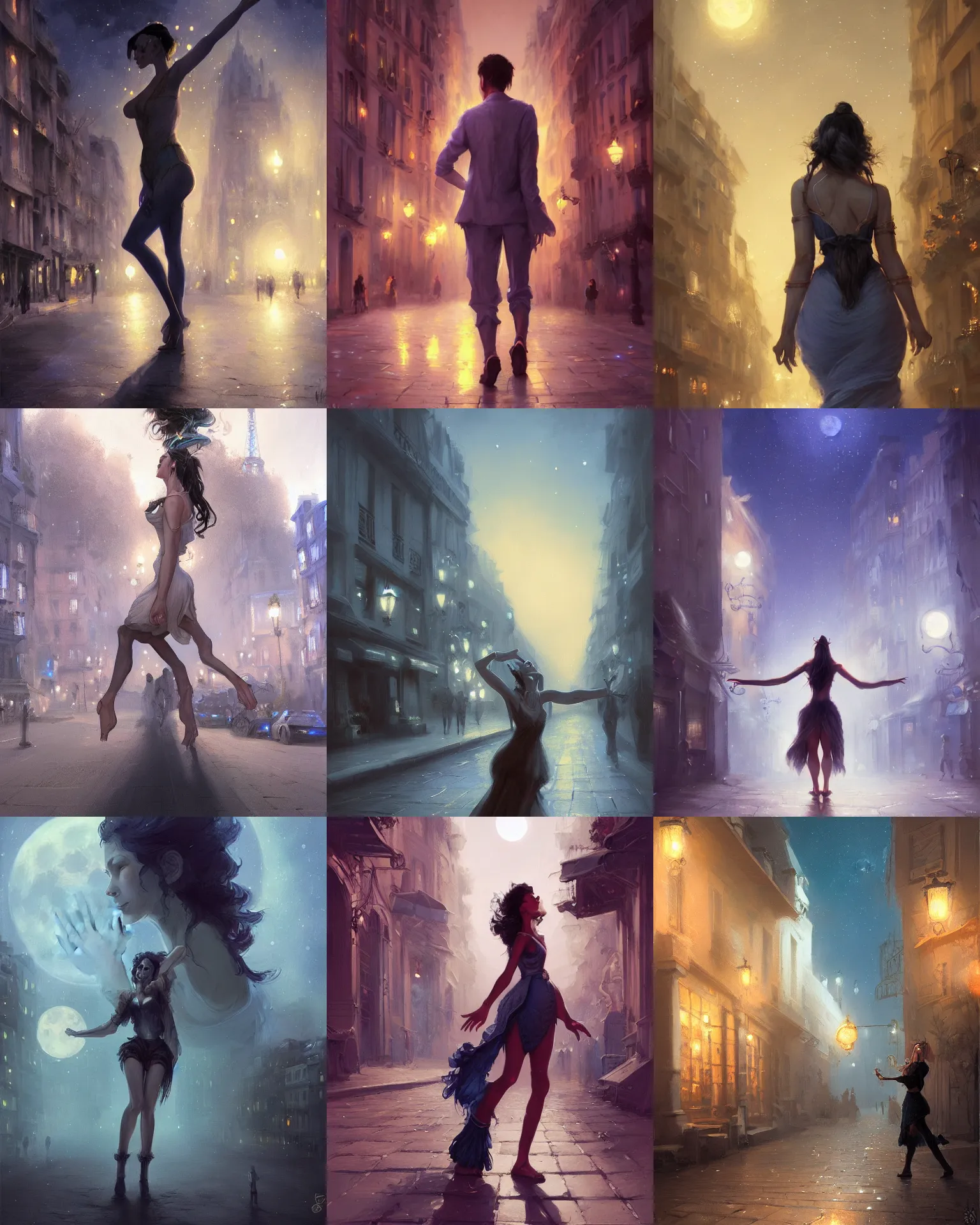 Prompt: portrait of a person looking away passionately dancing in a street in paris at night, blue moonlight, giant moon, by Artgem and Mandy Jurgens and greg rutkowski, fantasy, intricate, elegant, digital painting, concept art, romantic, trending on artstation