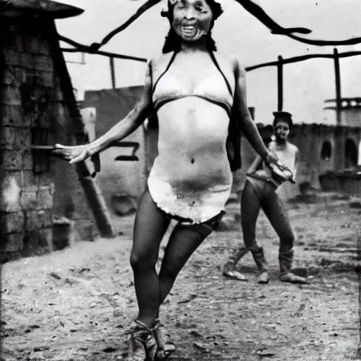 Image similar to shantae dancing in prison camp, wwii, exotic dancer, full color photo