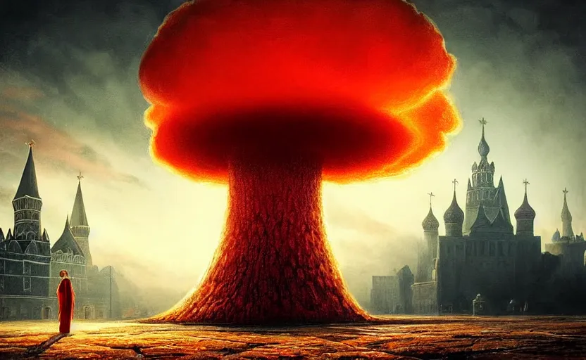 Image similar to nuclear explosion with realistic nuclear mushroom in Red Square Kremlin, cinematic shot, extremely high detail, photo realistic, cinematic lighting, post processed, artstation, matte painting, digital painting, art by Greg Rutkowski