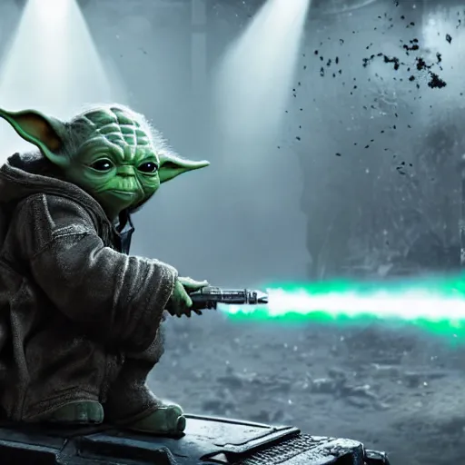 Image similar to Yoda in gears of war, splash art, movie still, detailed face, cinematic lighting, dramatic, octane render, long lens, shallow depth of field, bokeh, anamorphic lens flare, 8k, hyper detailed, 35mm film grain